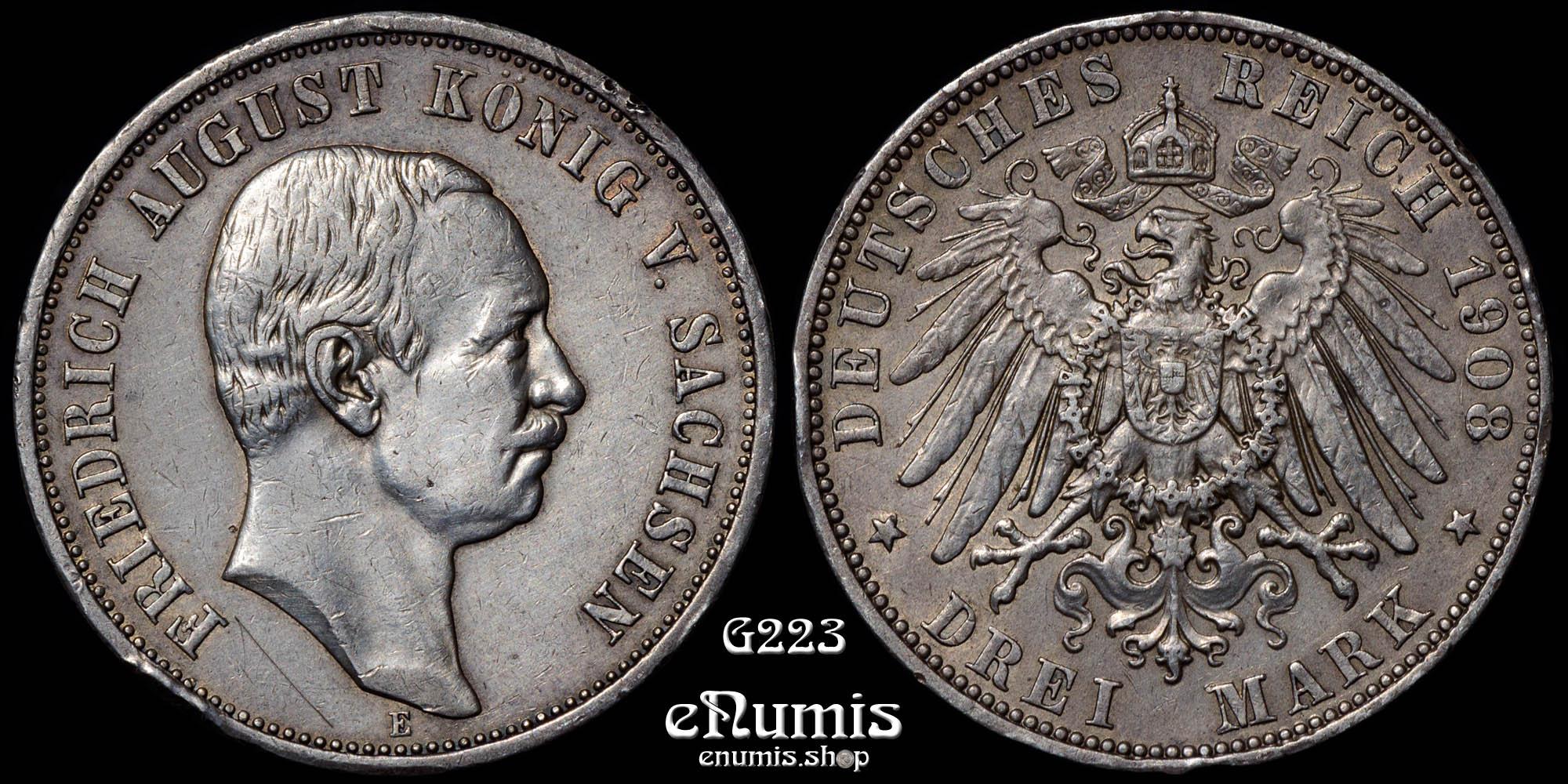 Germany, Saxony, Friedrich August III, 3 Mark 1908, VF-XF