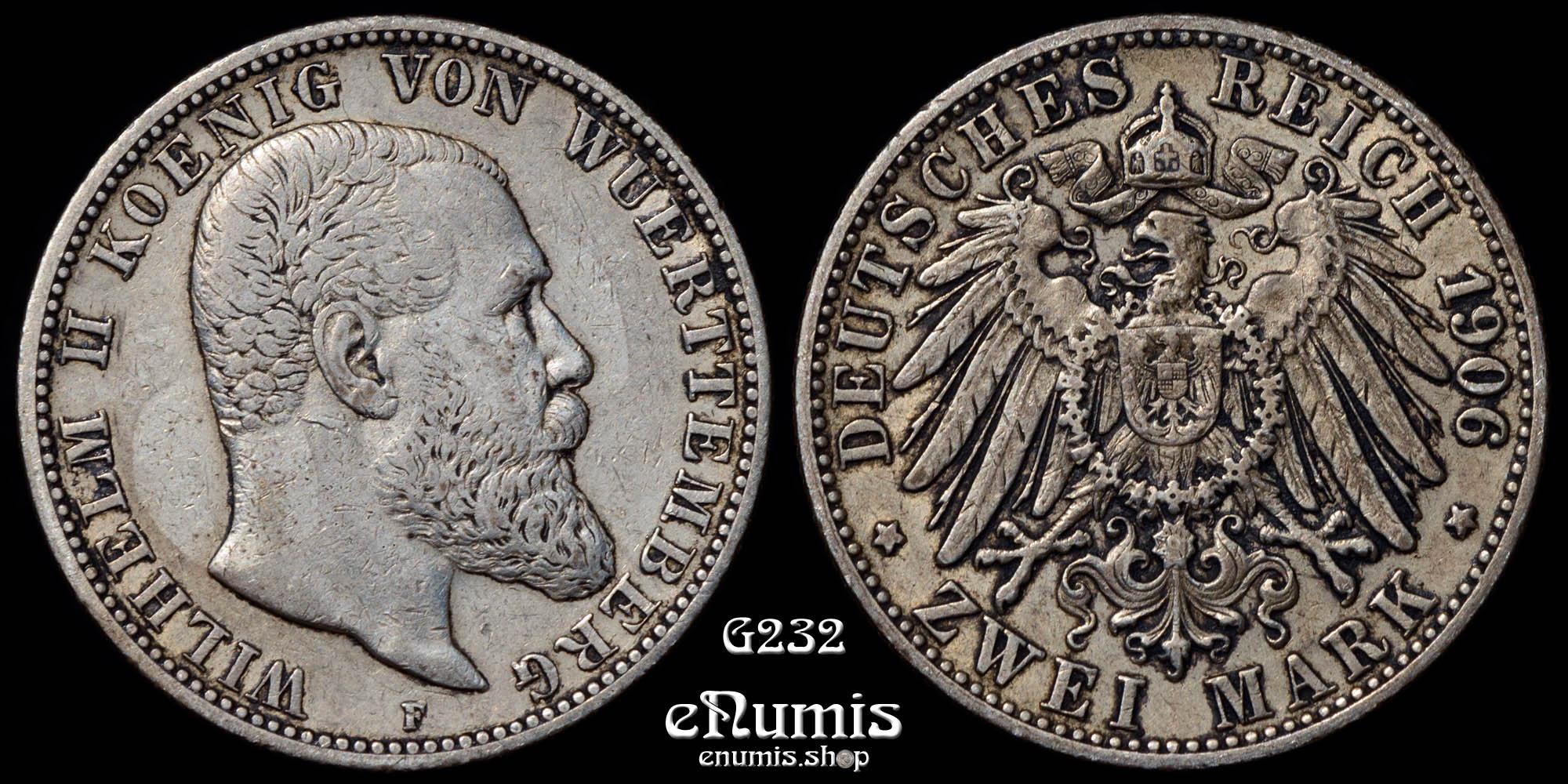 Germany, Wurttemberg, Wilhelm II, 2 Mark 1906, VF/VF+