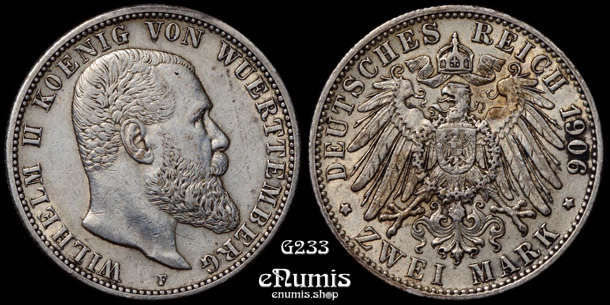 Germany, Wurttemberg, Wilhelm II, 2 Mark 1906, VF-XF Germany, Wurttemberg, Wilhelm II, 2 Mark 1906, VF-XF