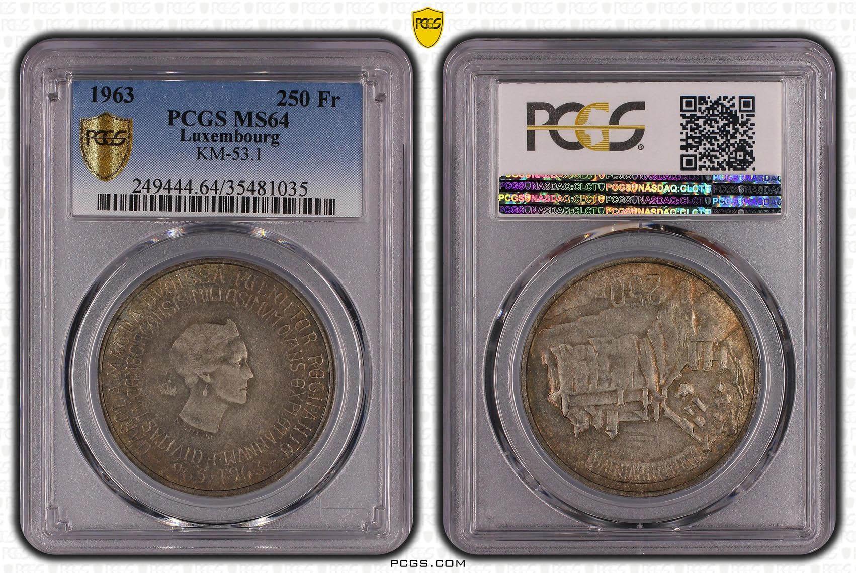 Luxembourg, Charlotte, 250 Francs 1963, KM# 53.2, PCGS MS 64