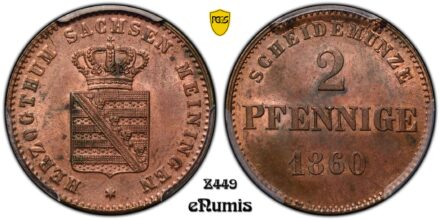 Germany, Saxe-Meiningen, Bernhard II, 2 Pfennige 1860, Top Pop, PCGS MS 64 RB