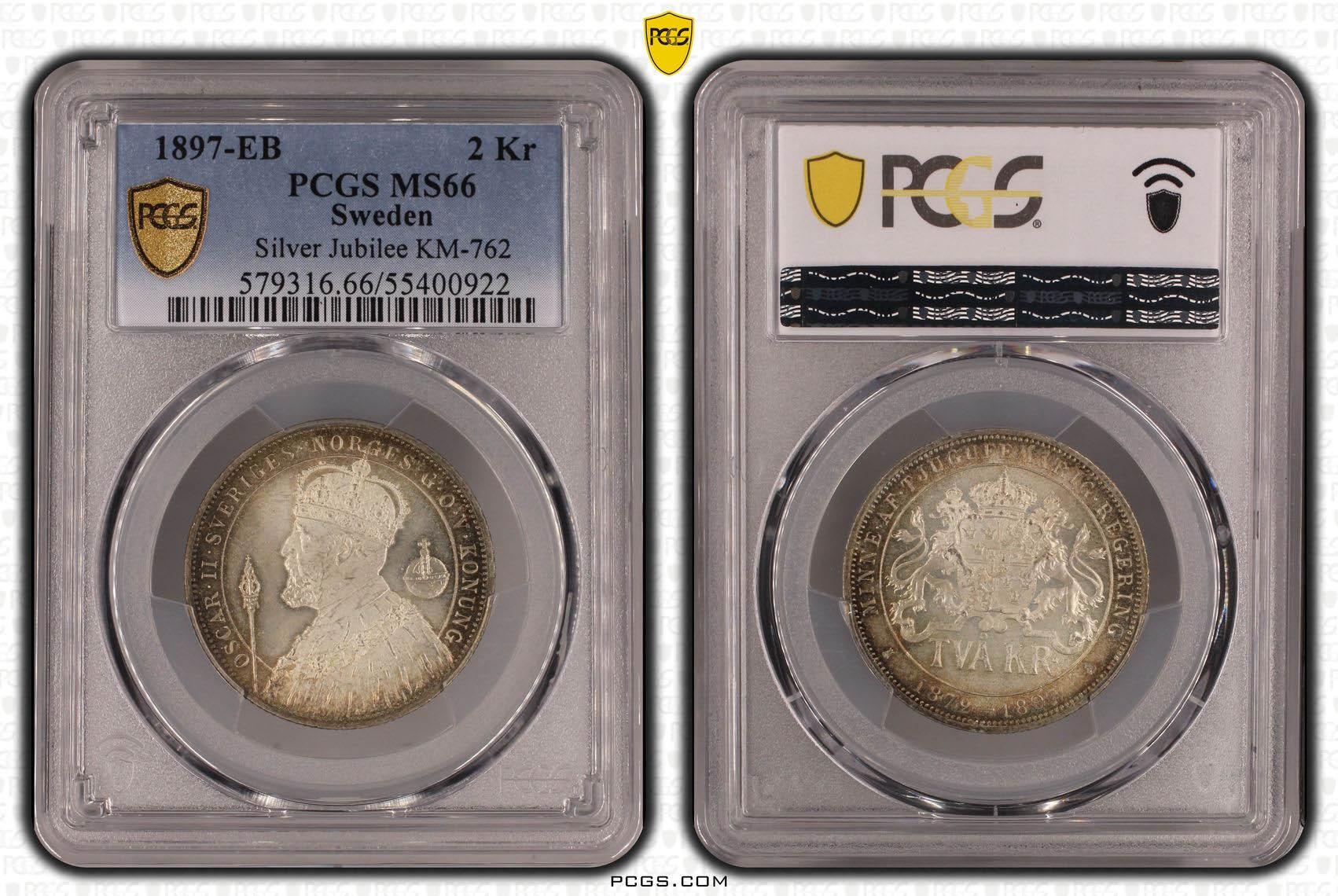 SWEDEN, Oscar II, 2 Kronor 1897, Silver Jubilee, PCGS MS 66