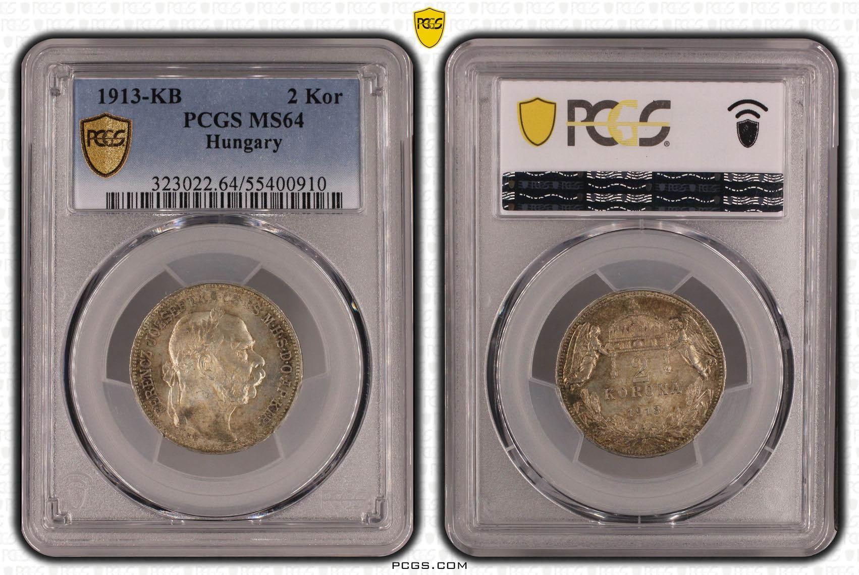 HUNGARY, Franz Joseph I, 2 Korona 1913, PCGS MS 64 HUNGARY, Franz Joseph I, 2 Korona 1913, PCGS MS 64