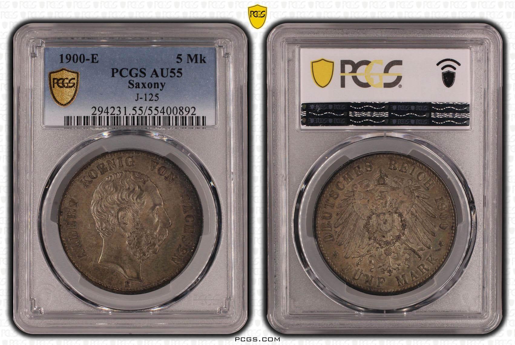 Germany, Saxony, Albert, 5 Mark 1900, toned, PCGS AU 55