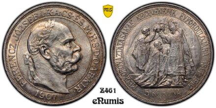HUNGARY, Franz Joseph I, 5 Korona 1907, Coronation, PCGS MS 63