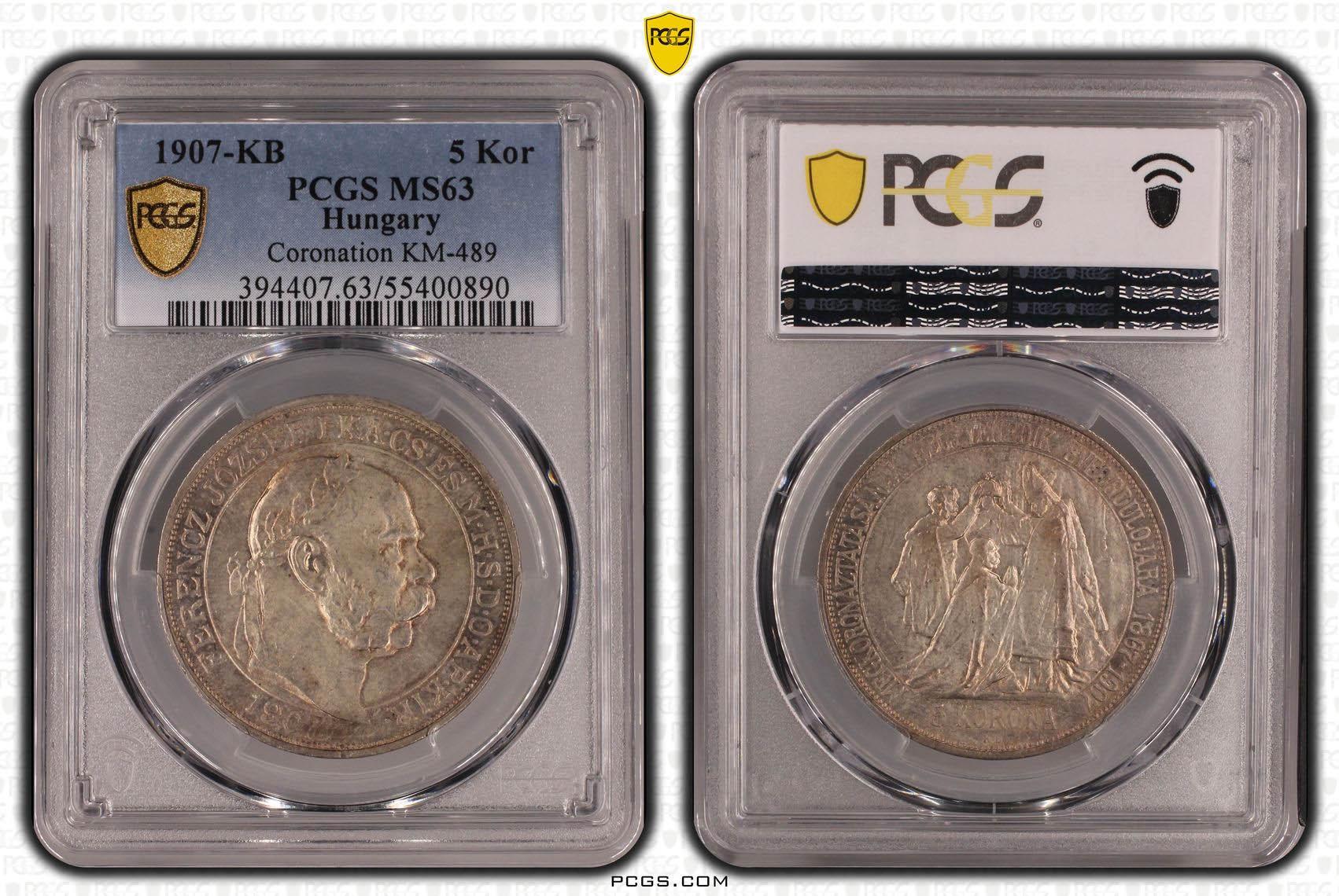 HUNGARY, Franz Joseph I, 5 Korona 1907, Coronation, PCGS MS 63