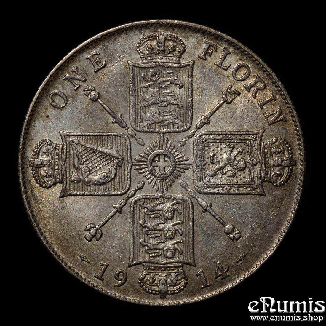 Great Britain, George V, Florin 1914, Rare type, D.1735, toned, XF+/aUNC