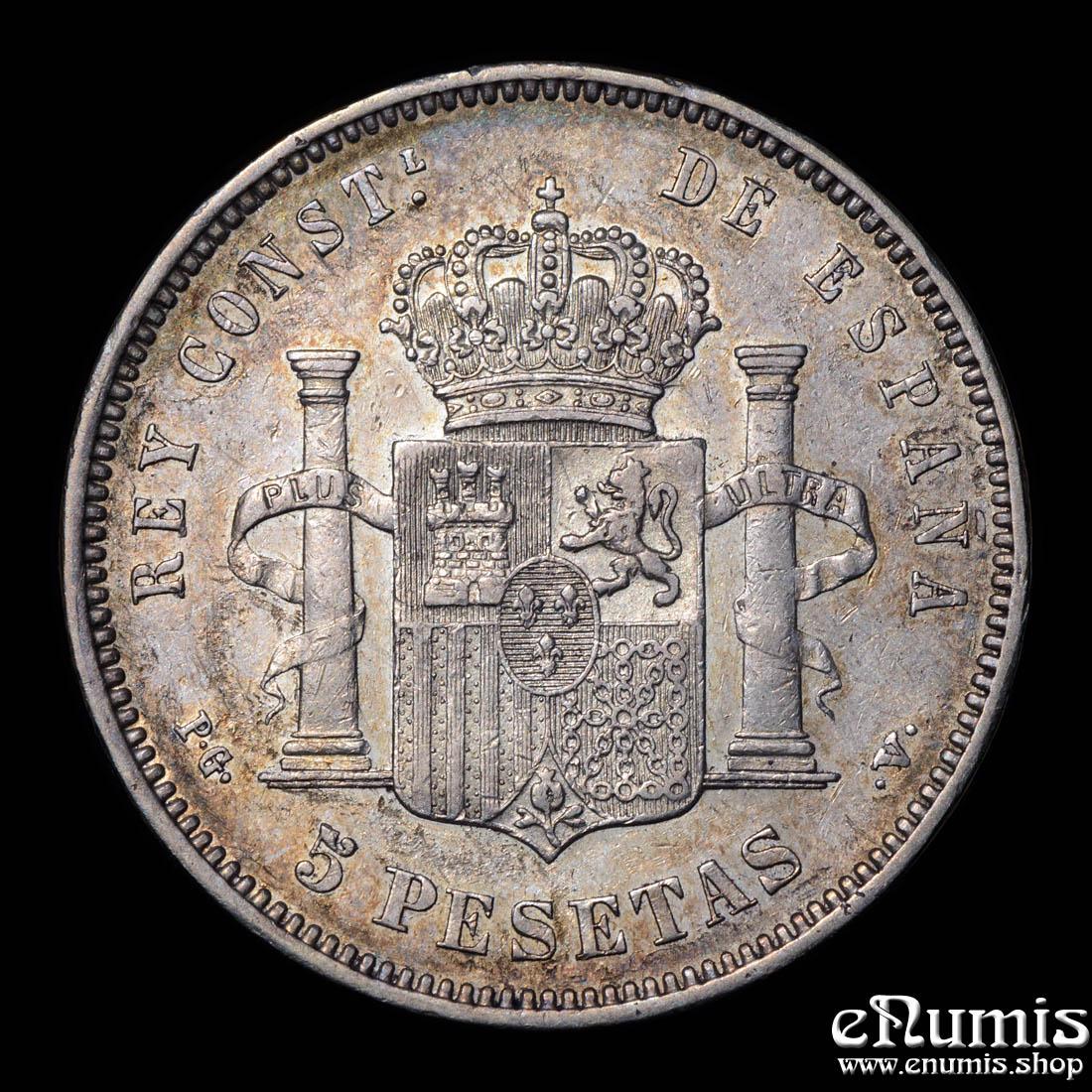 SPAIN, Alfonso XIII, 5 Pesetas 1893 PG-V, Rare!, VF-XF