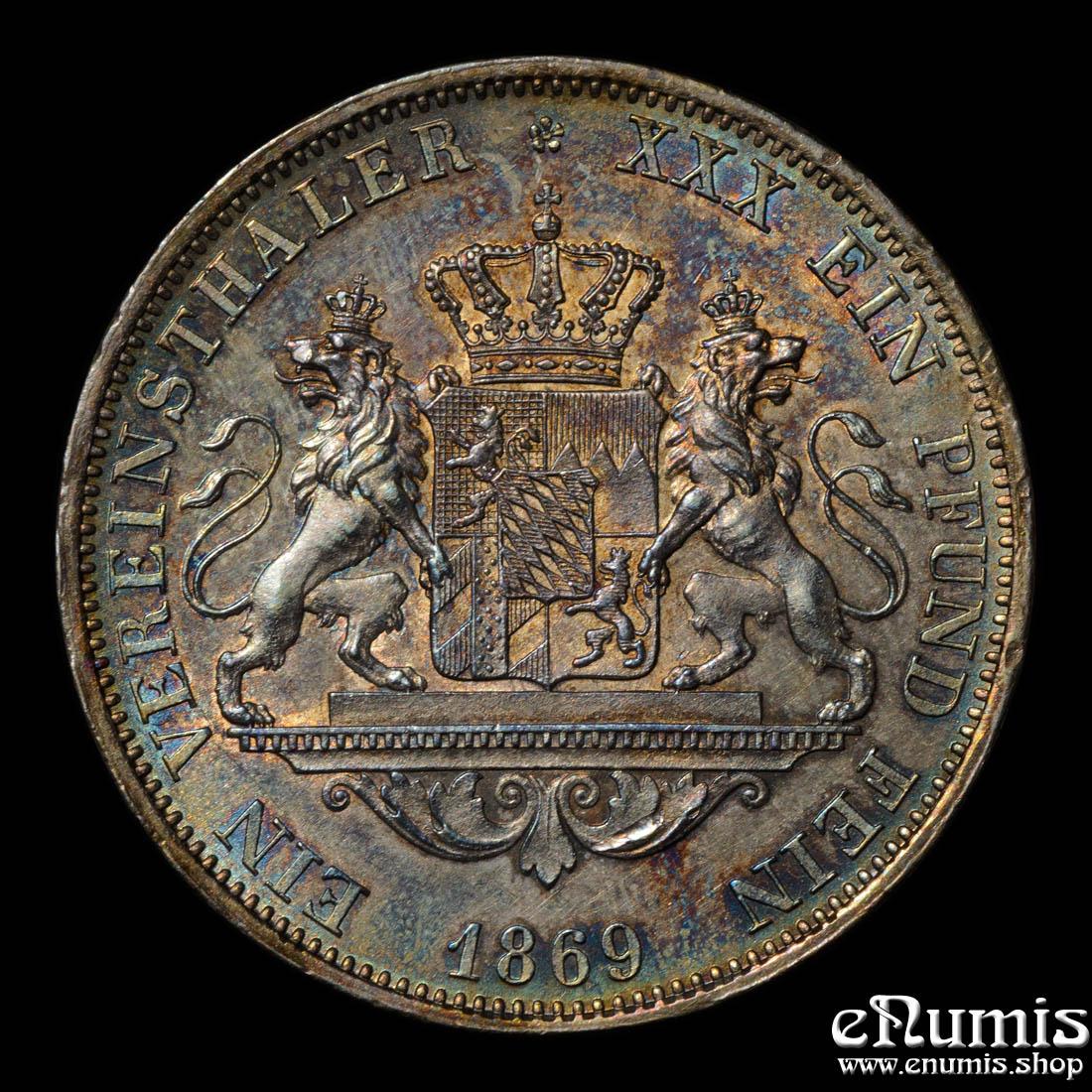 Germany, Bavaria, Ludwig II, Taler 1869, Lions, UNC