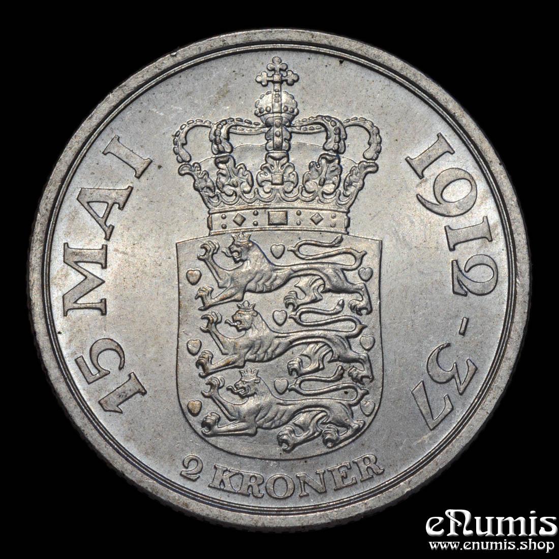 DENMARK, Christian X, 2 Kroner 1937, 25th Anniversary of Reign, UNC