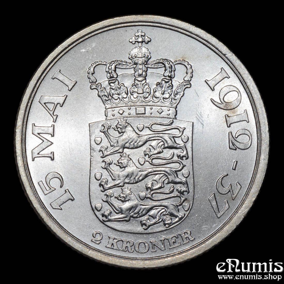 DENMARK, Christian X, 2 Kroner 1937, 25th Anniversary of Reign, UNC