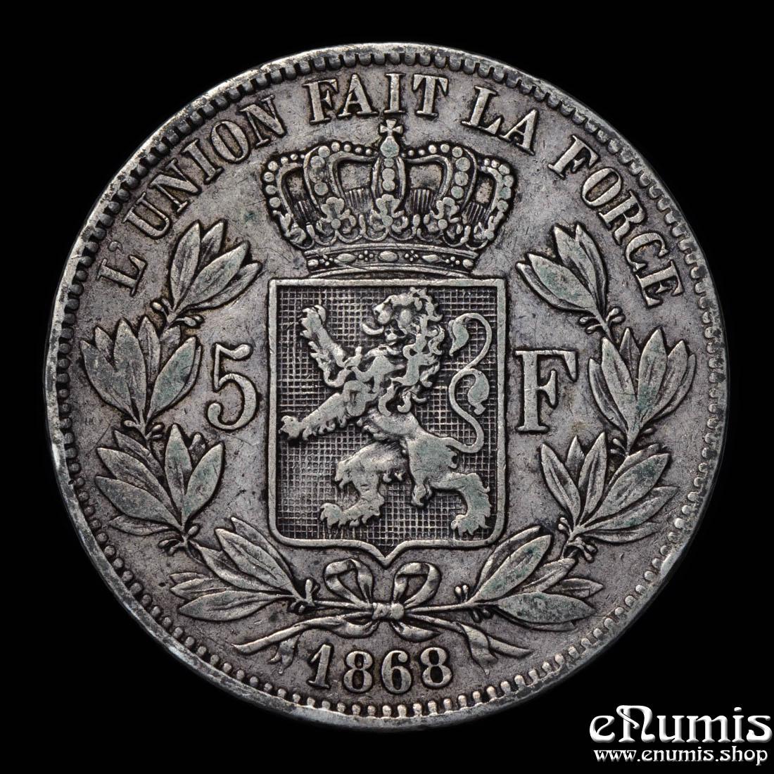BELGIUM, Leopold II, 5 Francs 1868, VF
