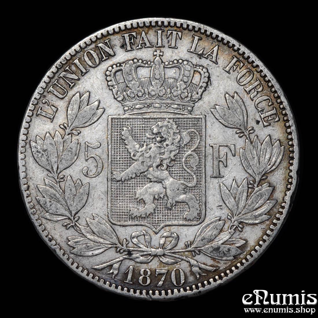 BELGIUM, Leopold II, 5 Francs 1870, VF