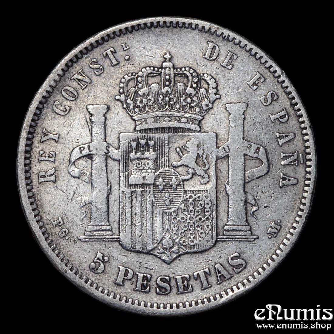SPAIN, Alfonso XIII, 5 Pesetas 1890 PG-M, VF