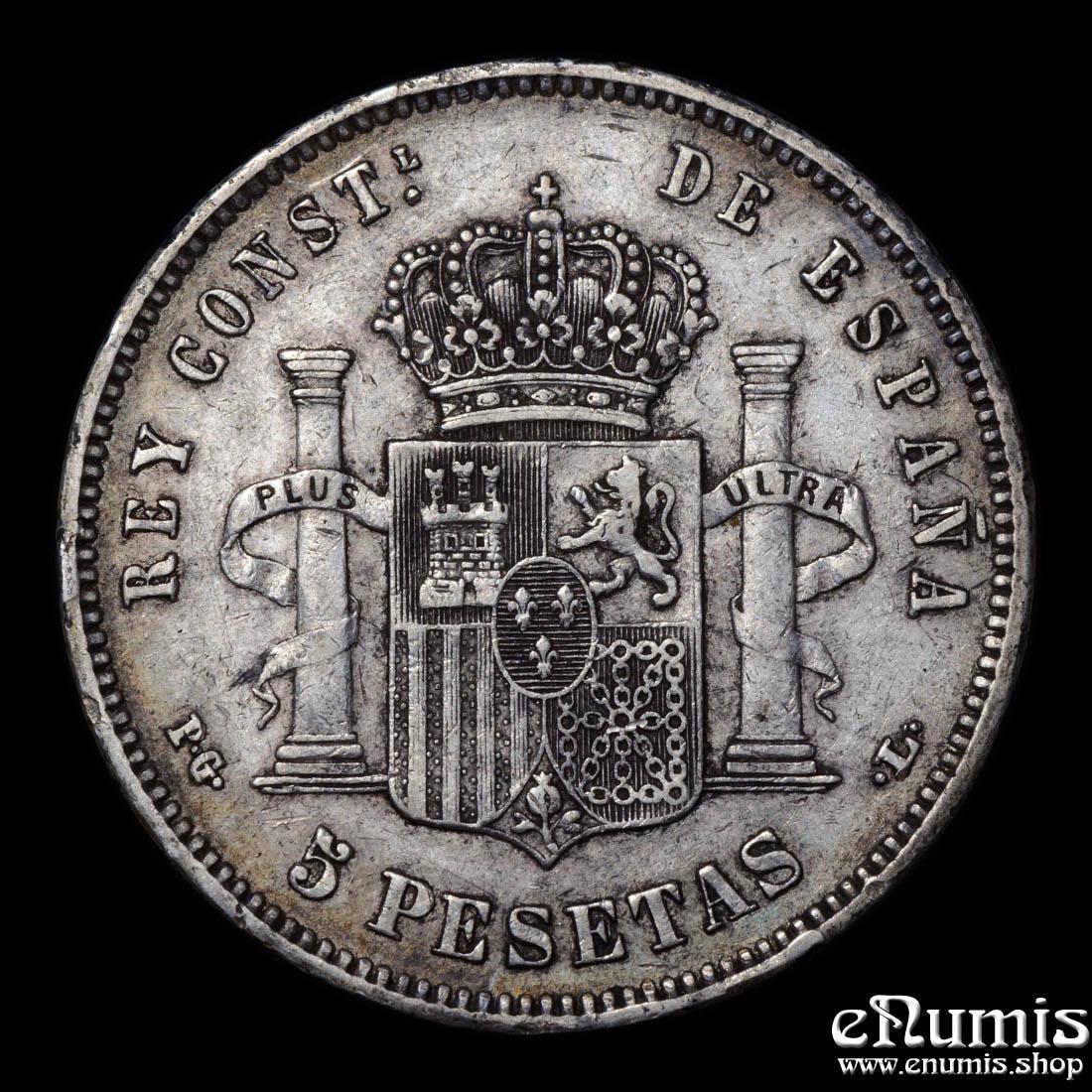 SPAIN, Alfonso XIII, 5 Pesetas 1893 PG-L, VF/VF+ SPAIN, Alfonso XIII, 5 Pesetas 1893 PG-L, VF/VF+