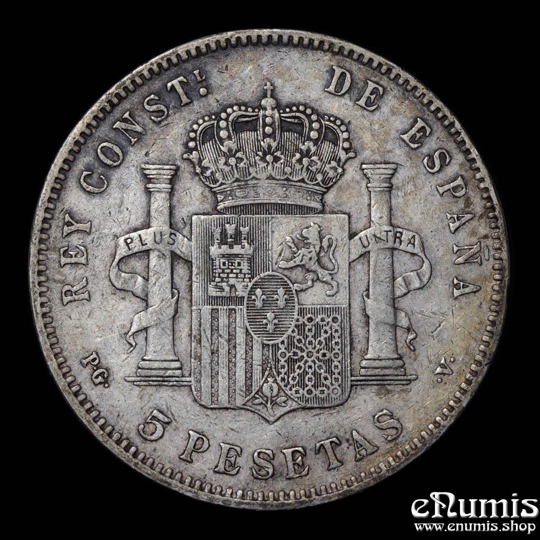 SPAIN, Alfonso XIII, 5 Pesetas 1896 PG-V, better date, VF