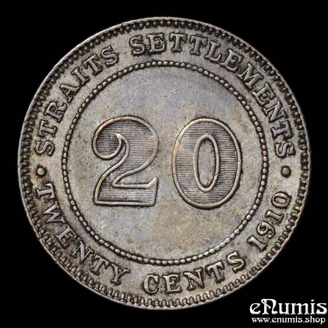 Straits Settlements, Edward VII, 20 Cents 1910, XF/XF+