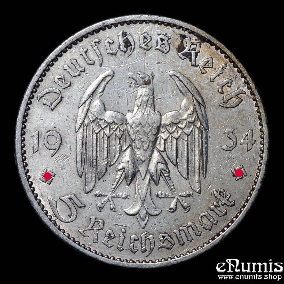 Germany, Third Reich, 5 Mark 1934 A, Berlin, Garrison Church, aXF