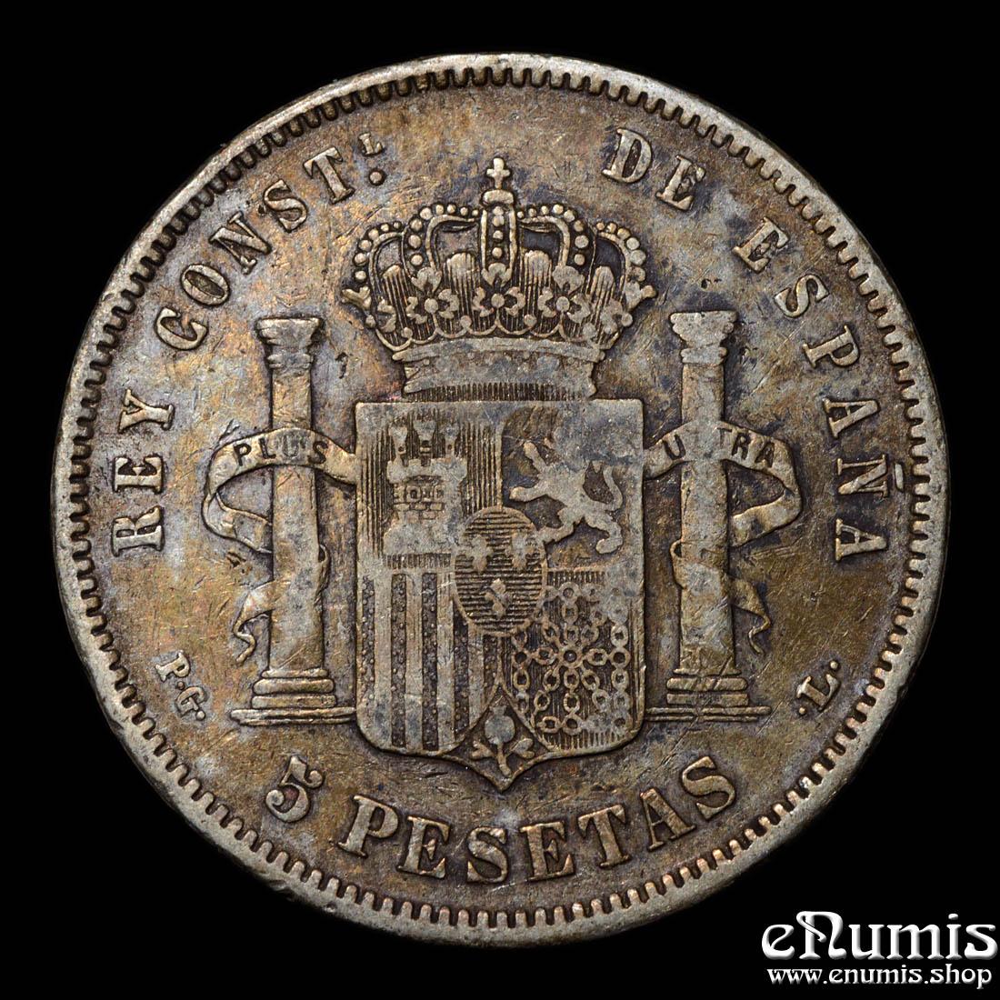 SPAIN, Alfonso XIII, 5 Pesetas 1893 PG-L, VF