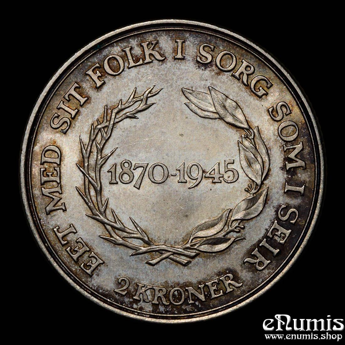 DENMARK, Christian X, 2 Kroner 1945, King’s 75th Birthday, UNC DENMARK, Christian X, 2 Kroner 1945, King’s 75th Birthday, UNC