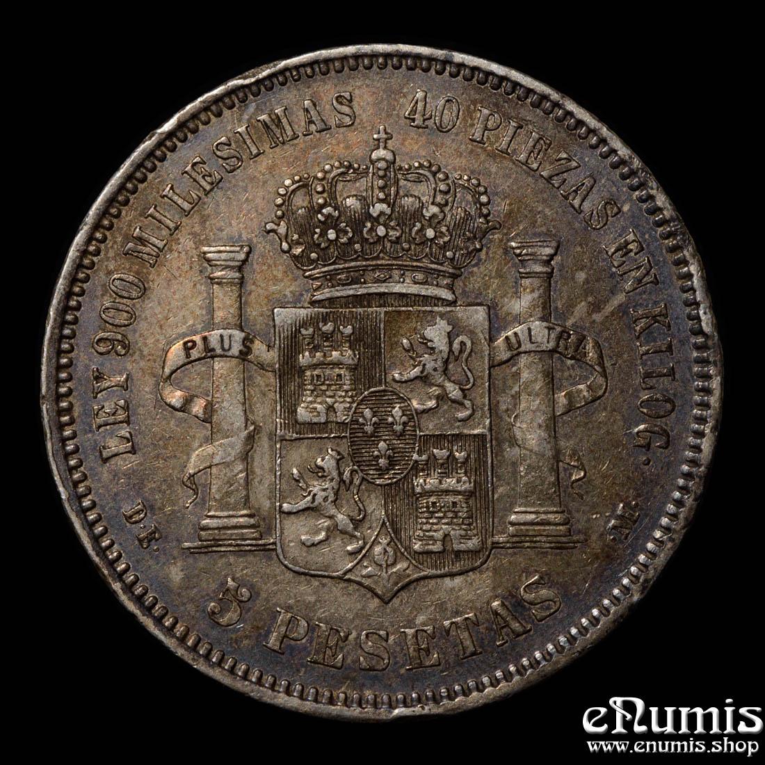 SPAIN, Alfonso XII, 5 Pesetas 1875 DE-M, nicely toned, XF+ SPAIN, Alfonso XII, 5 Pesetas 1875 DE-M, nicely toned, XF+