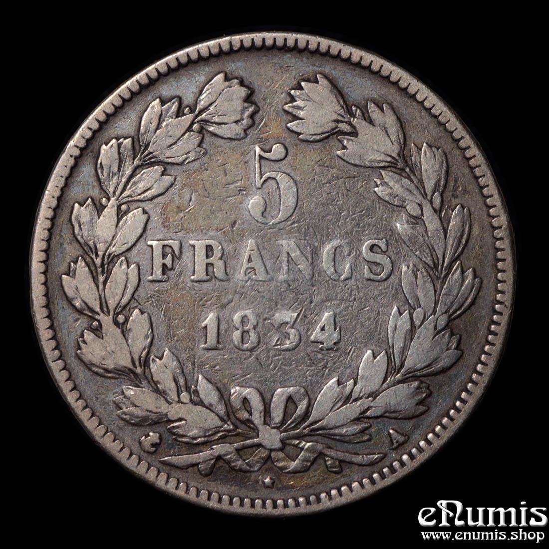 FRANCE, Louis Philippe, 5 Francs 1834 A, Paris, VF