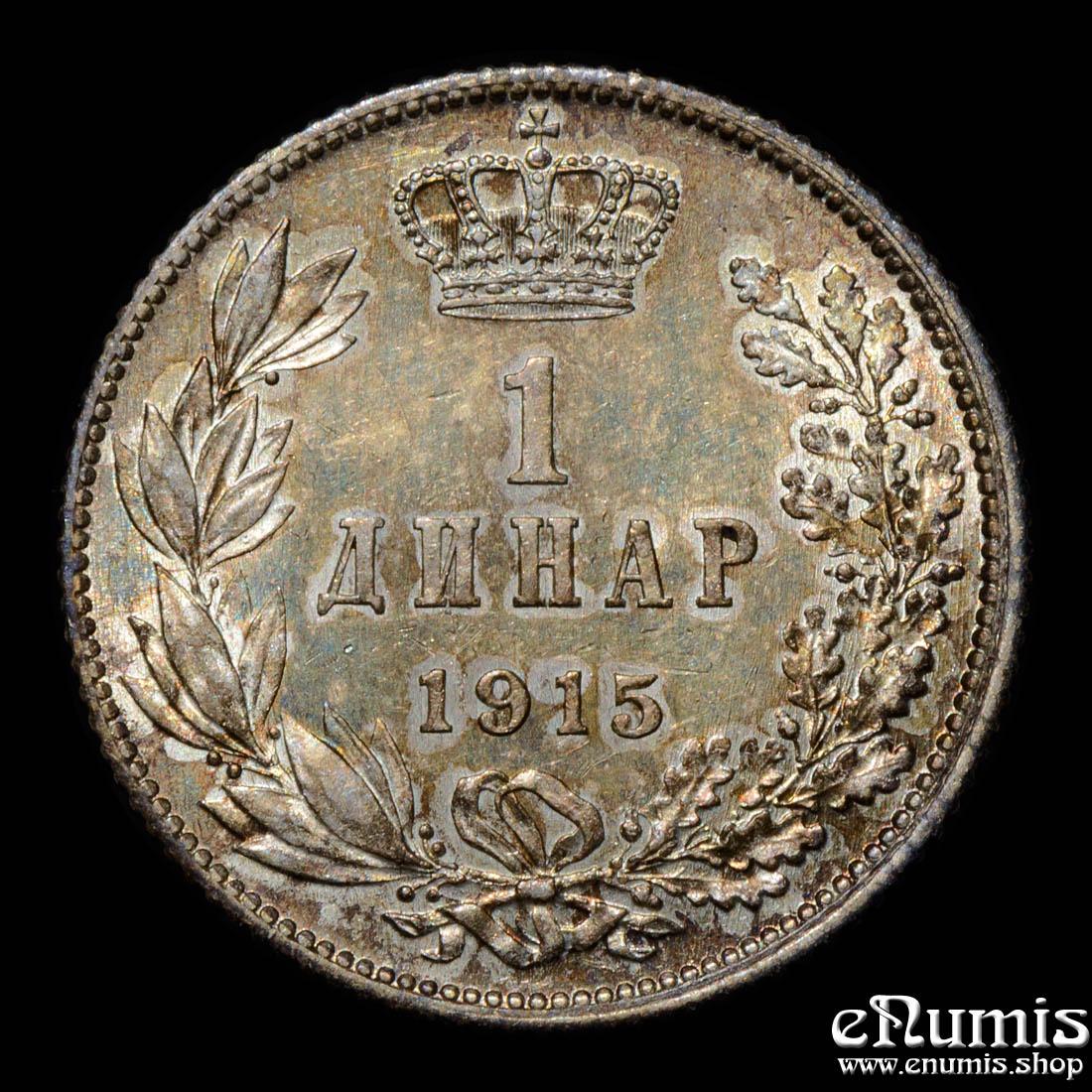 SERBIA, Peter I, 1 Dinar 1915, Coin die alignment, toned, UNC