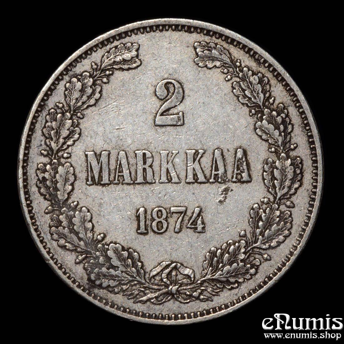 Russia, Finland, Alexander II, 2 Markkaa 1874, VF-XF Russia, Finland, Alexander II, 2 Markkaa 1874, VF-XF