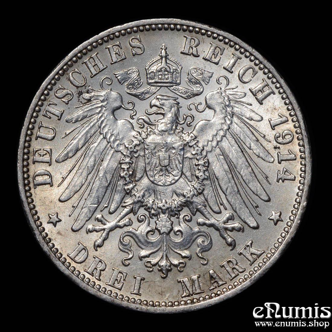 Germany, Wurttemberg, Wilhelm II, 3 Mark 1914, XF-UNC/aUNC