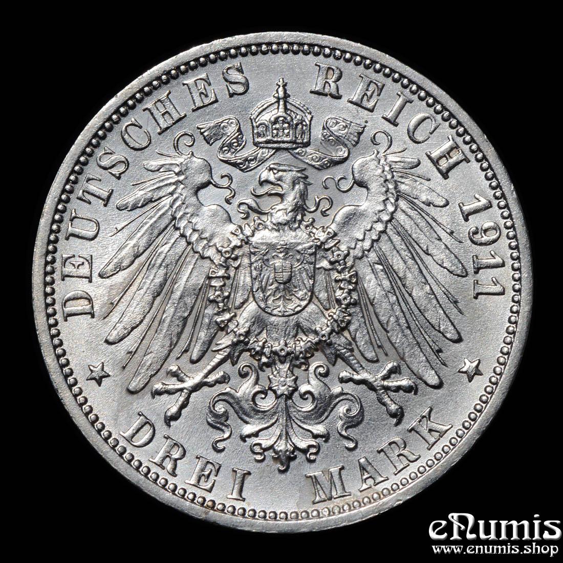 Germany, Wurttemberg, Wilhelm II, 3 Mark 1911, Silver Wedding Anniversary, aUNC Germany, Wurttemberg, Wilhelm II, 3 Mark 1911, Silver Wedding Anniversary, aUNC