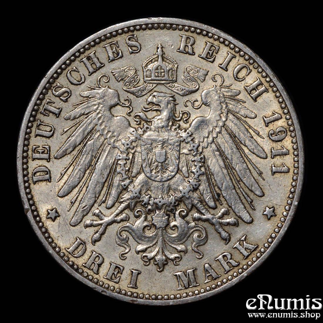 Germany, Hamburg, 3 Mark 1911, XF+