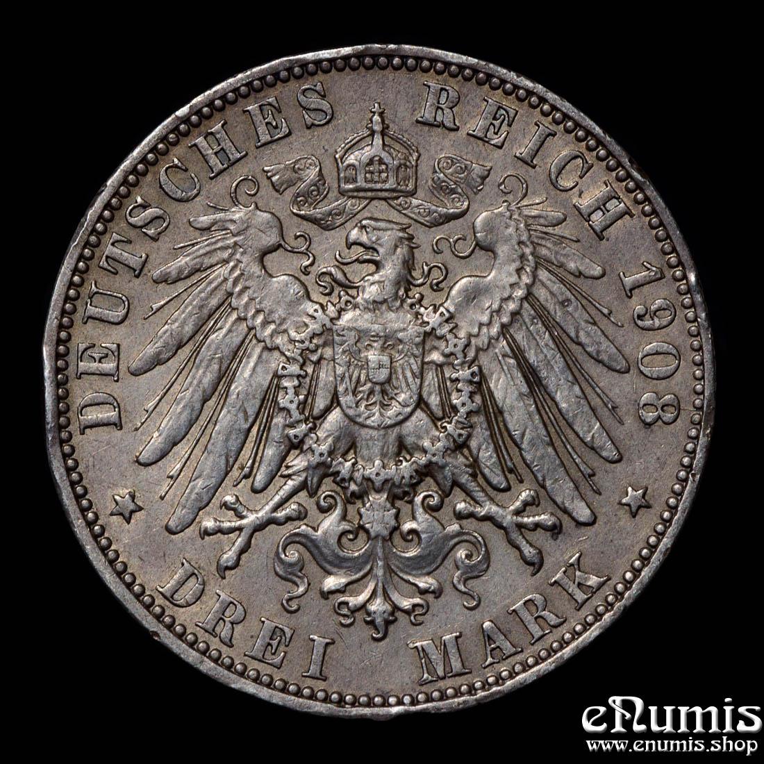 Germany, Saxony, Friedrich August III, 3 Mark 1908, VF-XF