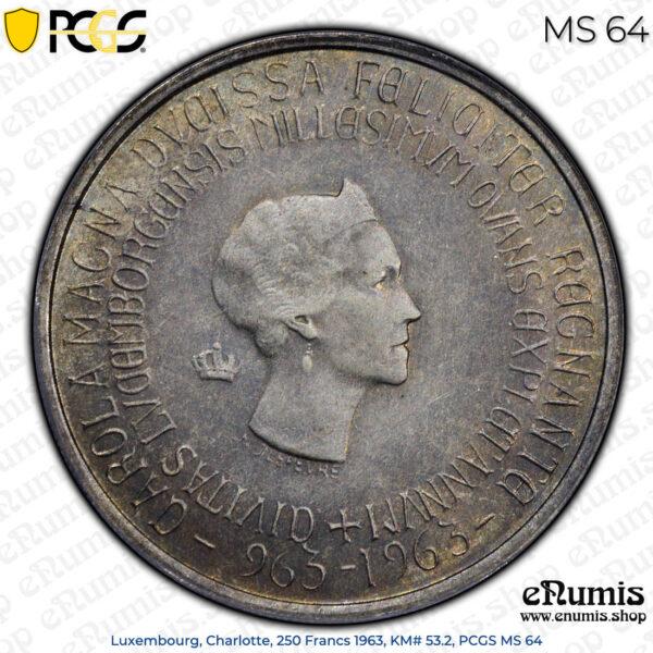 Luxembourg, Charlotte, 250 Francs 1963, KM# 53.2, PCGS MS 64