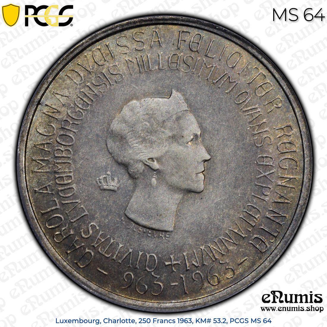 Luxembourg, Charlotte, 250 Francs 1963, KM# 53.2, PCGS MS 64