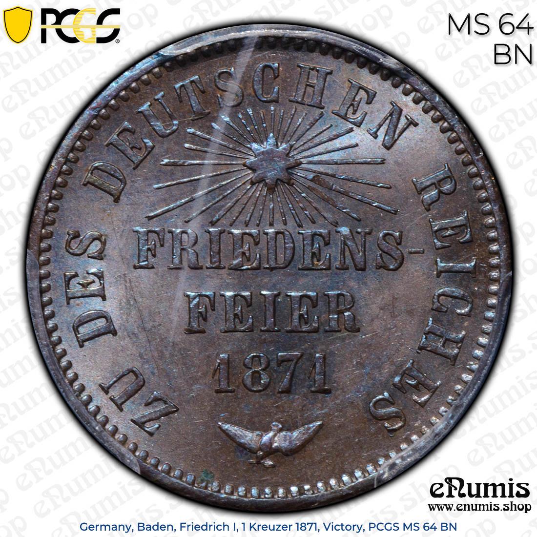 Germany, Baden, Friedrich I, 1 Kreuzer 1871, Victory, PCGS MS 64 BN