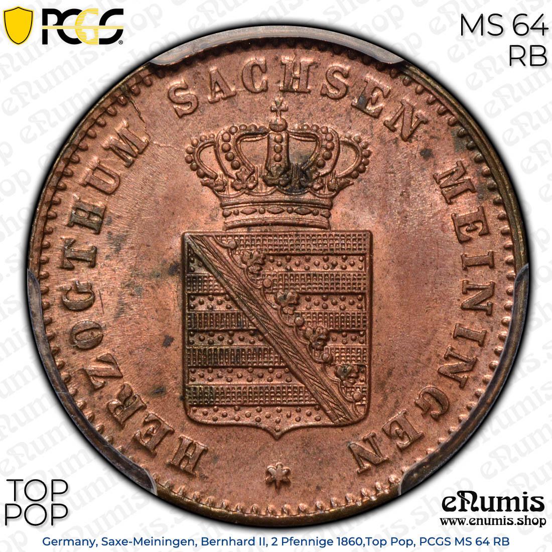 Germany, Saxe-Meiningen, Bernhard II, 2 Pfennige 1860, Top Pop, PCGS MS 64 RB