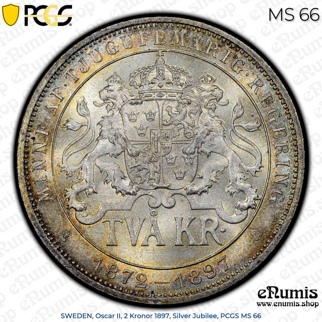 SWEDEN, Oscar II, 2 Kronor 1897, Silver Jubilee, PCGS MS 66