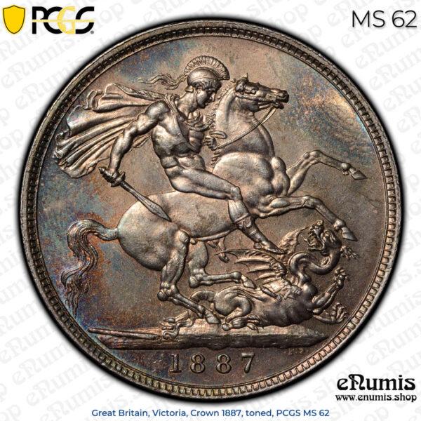 Great Britain, Victoria, Crown 1887, toned, PCGS MS 62 • 👍