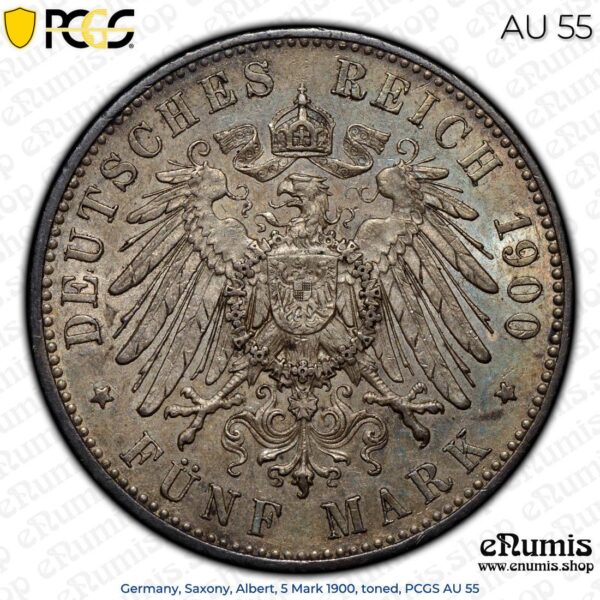 Germany, Saxony, Albert, 5 Mark 1900, toned, PCGS AU 55 • 👍