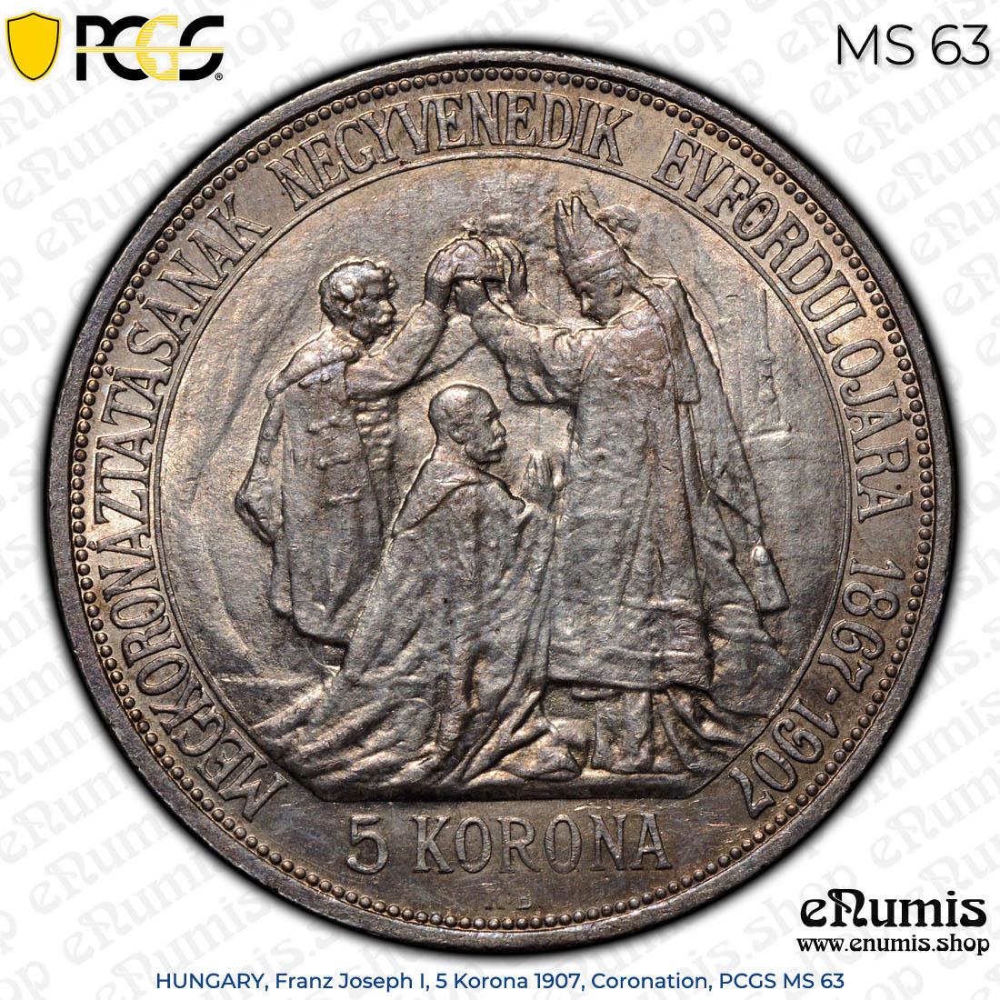 HUNGARY, Franz Joseph I, 5 Korona 1907, Coronation, PCGS MS 63