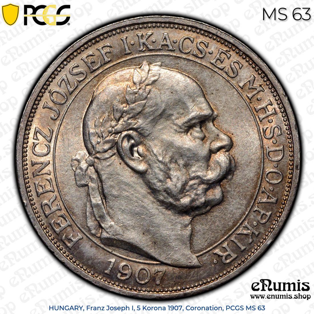 HUNGARY, Franz Joseph I, 5 Korona 1907, Coronation, PCGS MS 63