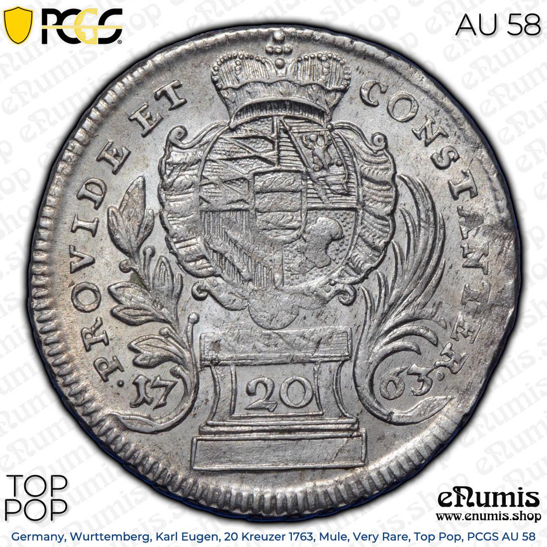 Germany, Wurttemberg, Karl Eugen, 20 Kreuzer 1763, Mule, Very Rare, Top Pop, PCGS AU 58