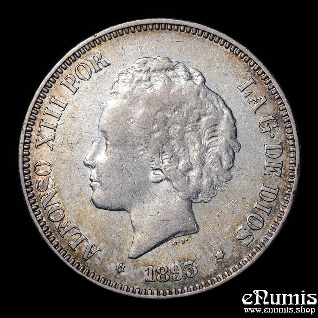 SPAIN, Alfonso XIII, 5 Pesetas 1893 PG-V, Rare!, VF-XF