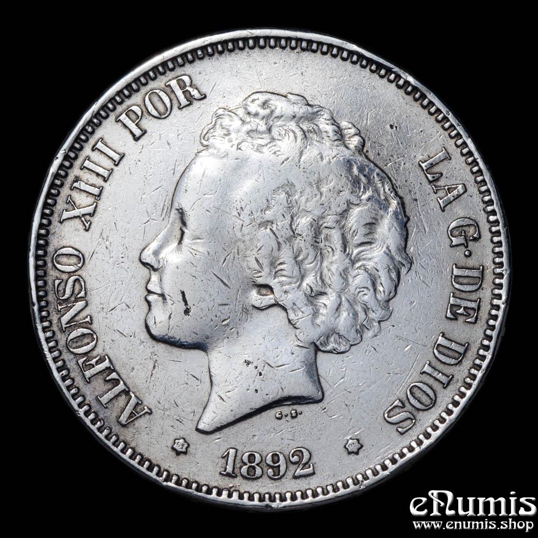 SPAIN, Alfonso XIII, 5 Pesetas 1892 *9292 PG-M, Very Rare!, VF