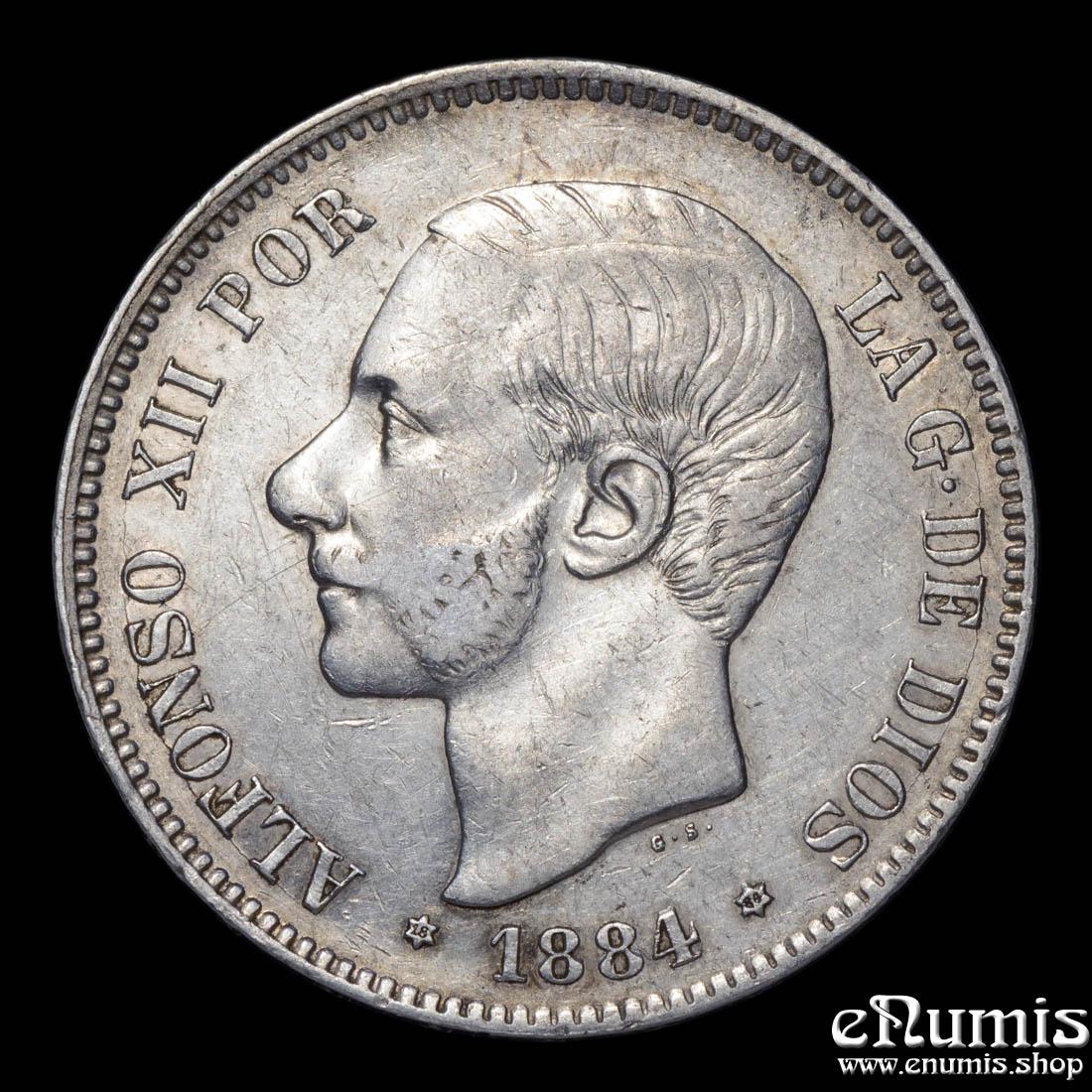 SPAIN, Alfonso XII, 5 Pesetas 1884 MS-M, XF+