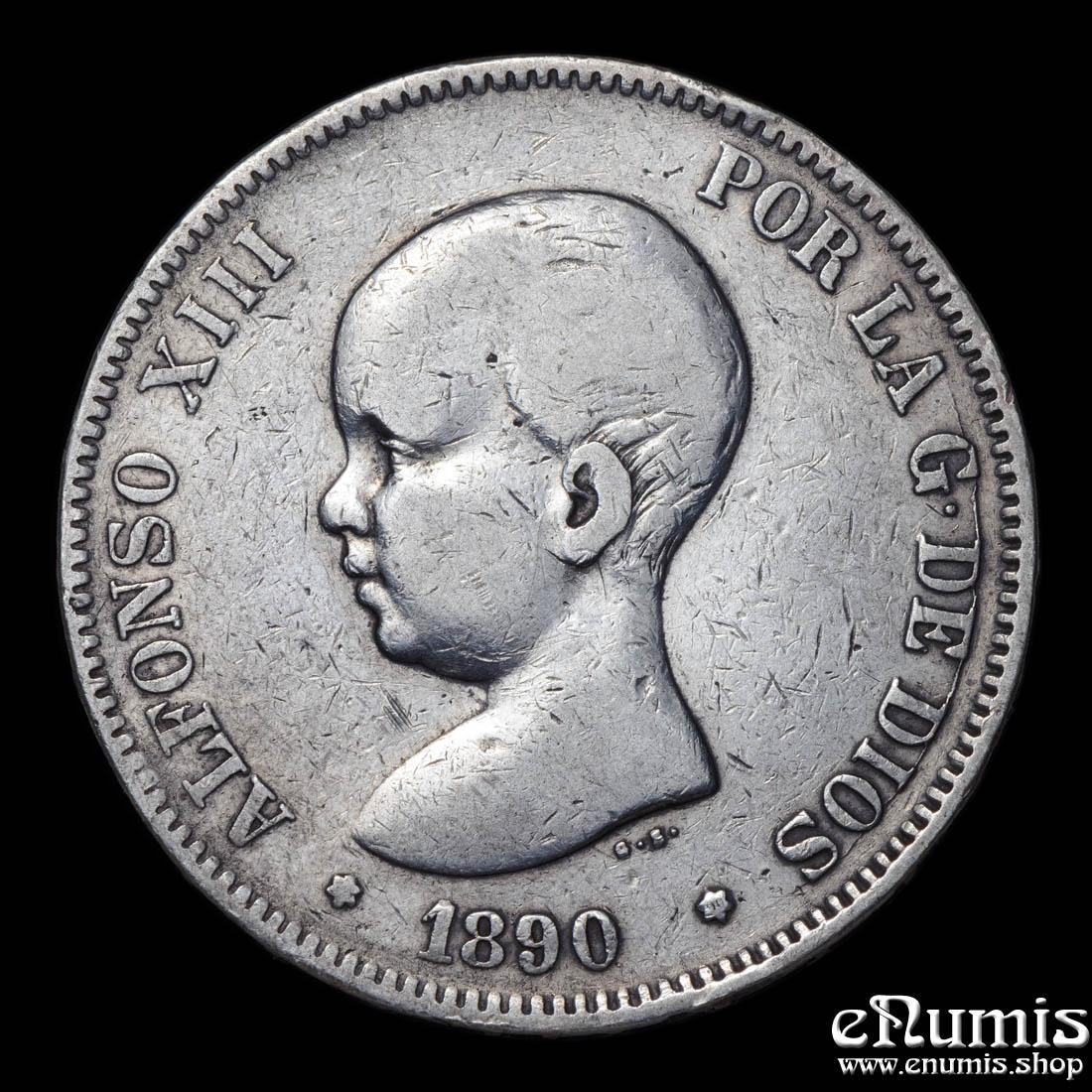 SPAIN, Alfonso XIII, 5 Pesetas 1890 PG-M, VF