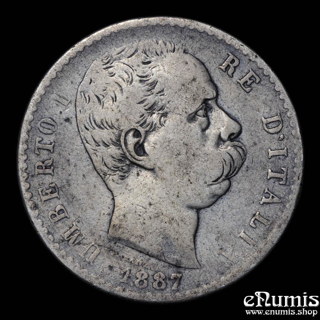 ITALY, Umberto I, 2 Lire 1887 R, aVF ITALY, Umberto I, 2 Lire 1887 R, aVF