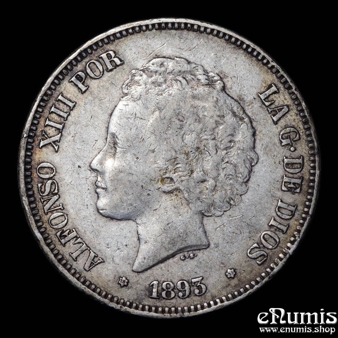 SPAIN, Alfonso XIII, 5 Pesetas 1893 PG-L, VF/VF+ SPAIN, Alfonso XIII, 5 Pesetas 1893 PG-L, VF/VF+