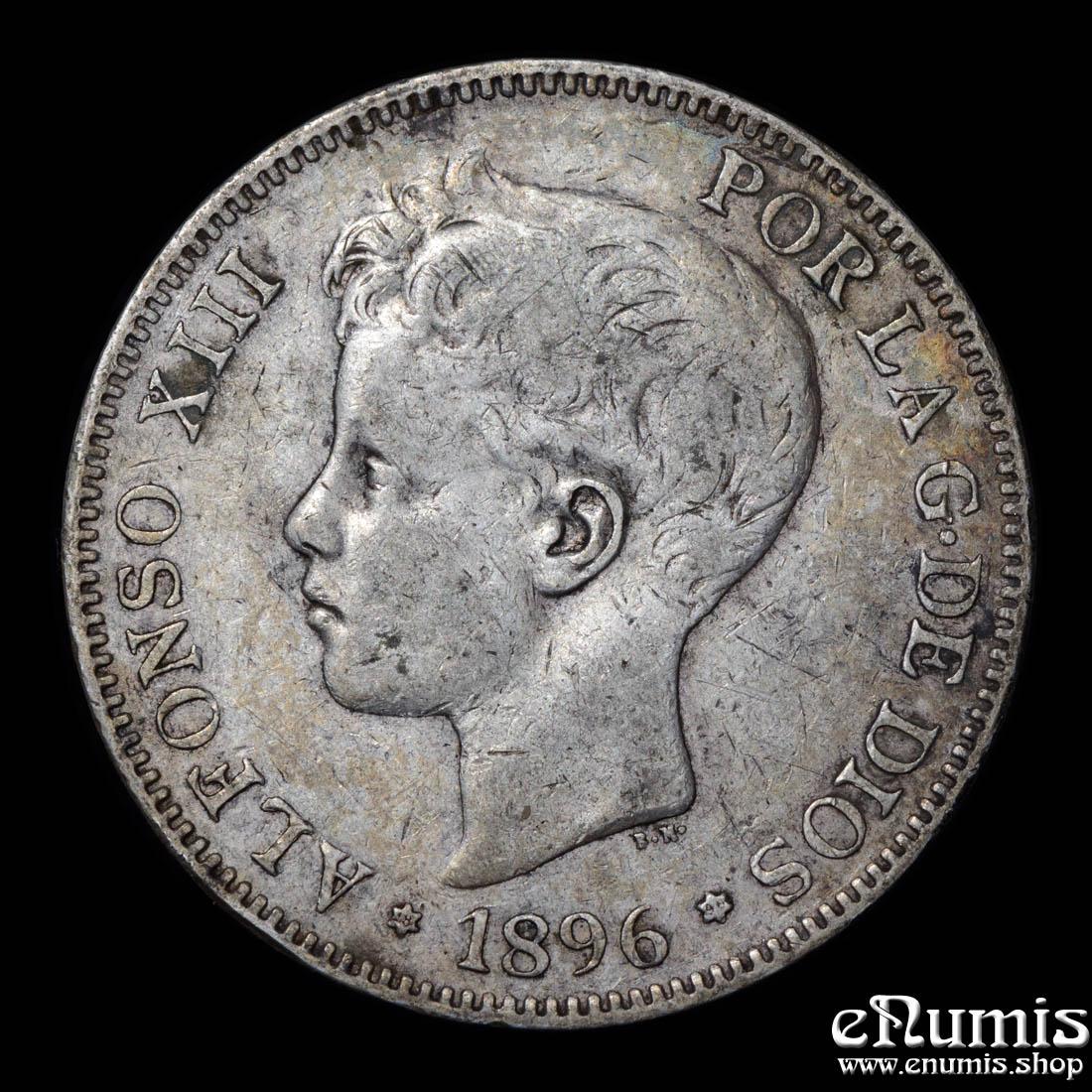 SPAIN, Alfonso XIII, 5 Pesetas 1896 PG-V, better date, VF