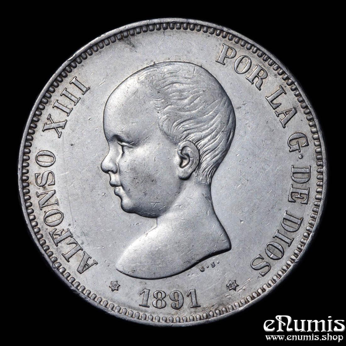 SPAIN, Alfonso XIII, 5 Pesetas 1891 PG-M, XF-UNC SPAIN, Alfonso XIII, 5 Pesetas 1891 PG-M, XF-UNC